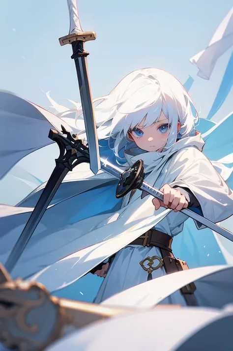 A small girl with white hair, wearing white armor and a cloak, holding twin swords in both hands. The background is a training ground.