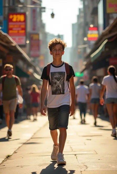 21 years old boy walking on a busy  road