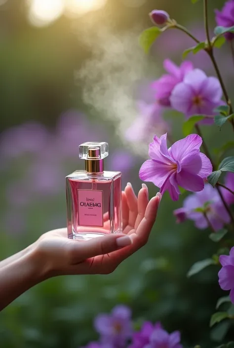 A woman’s hand holding and spraying a pink squared perfume bottle to a flower 