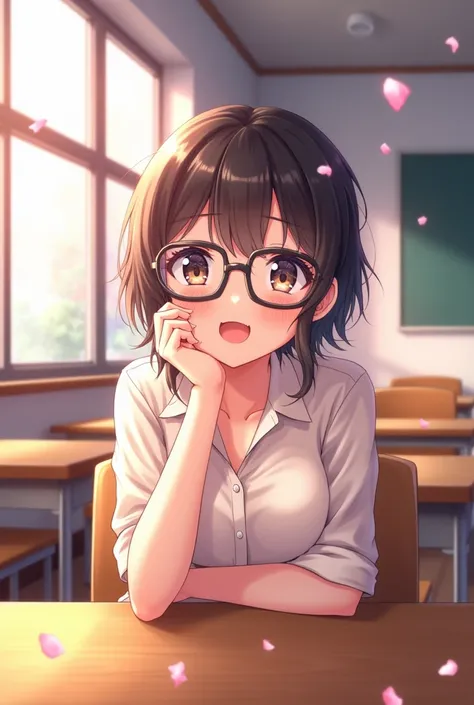 "An anime character of a female student with short hair and glasses, sitting next to me or sharing the same desk, looking at me with her hand touching her cheek and a sweet, cute smile."