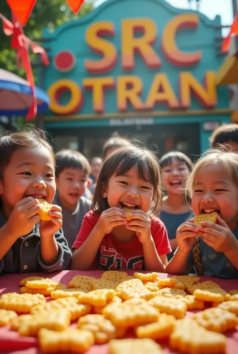 Draw me a 4D picture of children competing in a cracker eating contest, with the crackers hanging in front of a store that says SRC OTRAN in high definition.