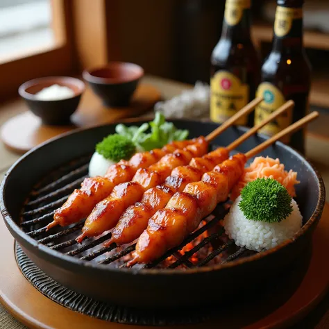 Yakitori restaurant、tatami、Old-fashioned bottled beer、Rice、Charcoal grill