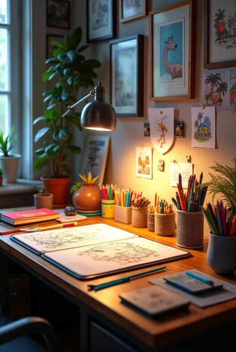 Draw an Organized working table or station of an animator