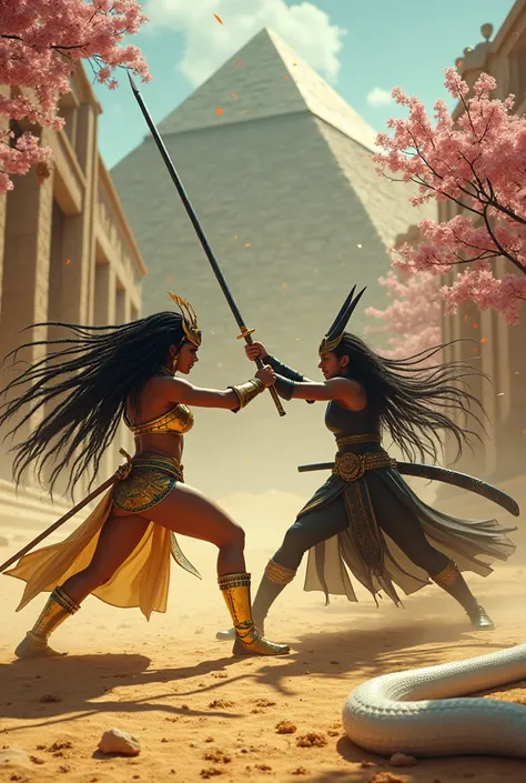 Fight scene: Egyptian female warrior in gold and beetle-green armor, long black dreadlocks, using a golden spear against a female samurai warrior in black armor, long black hair, using a black Japanese sword. The clash of the Japanese sword and spear creat...