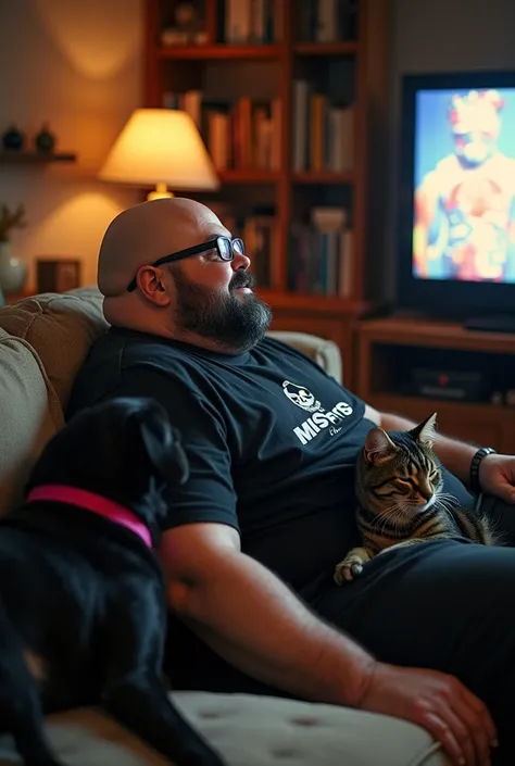 chubby man, offwhite, Bald with a short black beard and eyeglasses. Small golden hoop earrings and a black Misfits band shirt. Sitting on a sofa watching TV with a bong in hand and a black and yellow tabby cat sleeping beside and a large dark brown labrado...