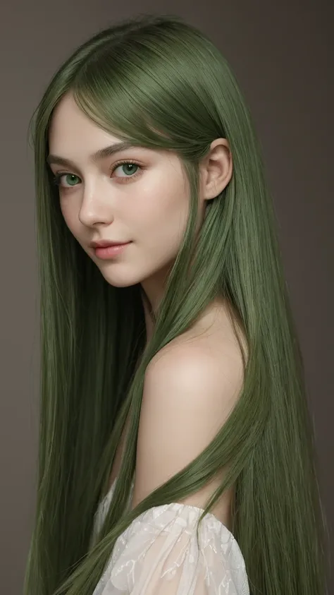 portrait of a girl. european. extremely detailed face. delicate features. oval face. long face. droopy. seductive. half-closed eyes. green eyes. long, straight, very thick hair. green hair. gentle smile