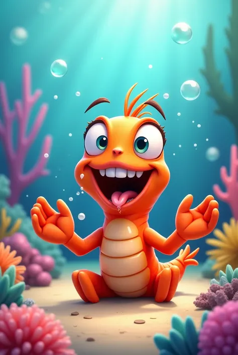 A cartoon orange shrimp drooling looks very good.