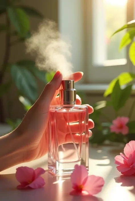 A woman’s hand holding and spraying a pink squared perfume bottle to a flower, make sure that spray is coming out of the perfume and not the flower