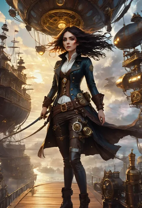 A fierce pirate girl stands tall on the deck of a steampunk airship, her long, windswept hair adorned with gears and metal trinkets. She wears a rugged yet stylish pirate outfit with leather straps, brass buckles, and a flowing coat, blending pirate aesthe...