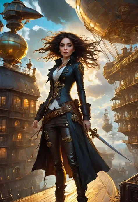 A fierce pirate girl stands tall on the deck of a steampunk airship, her long, windswept hair adorned with gears and metal trinkets. She wears a rugged yet stylish pirate outfit with leather straps, brass buckles, and a flowing coat, blending pirate aesthe...