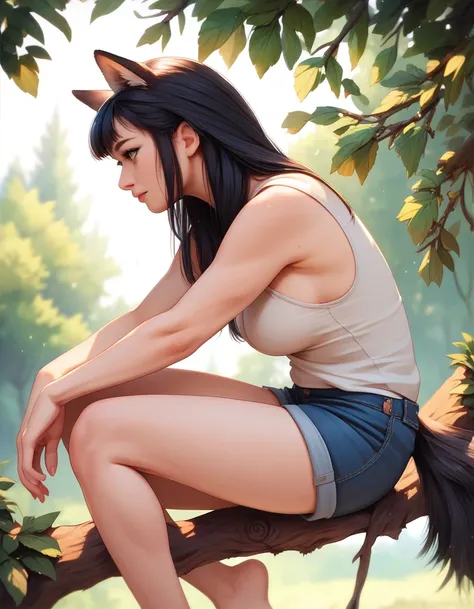 masterpiece, best quality, extremely detailed, Anime, black-haired girl, (((mullet hairstyle))), wolf ears, wolf tail, sitting on a tree and looking into the distance, side view composition,