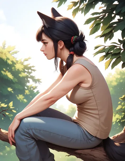 masterpiece, best quality, extremely detailed, Anime, black-haired girl, (((mullet hairstyle))), wolf ears, wolf tail, sitting on a tree and looking into the distance, side view composition,