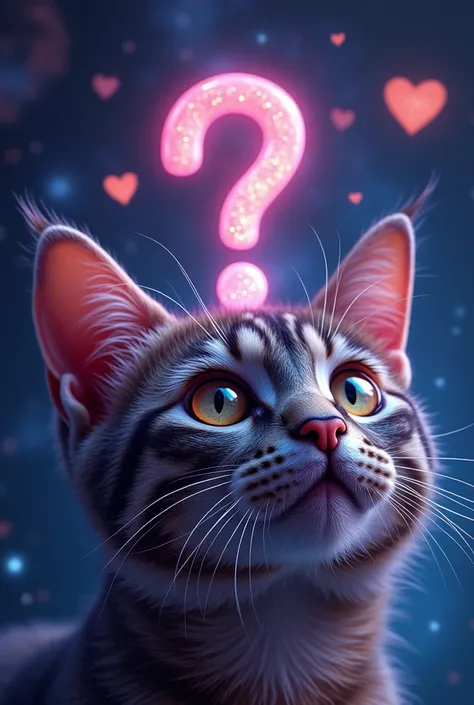 Cat face close up, Space in the background (Beautiful shining stars and galaxies), Space Cat, big "!?" on the screen is written in big letters on the screen,Heart symbol、