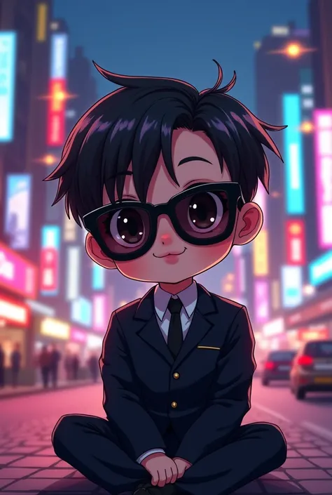 A anime cute chibi boy with black sunglass and black suit
