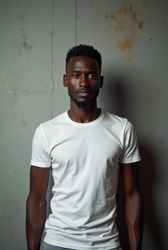 A before and after picture of a 25 years old ethiopian man standing in-front of grey wall that have small stains, who increased his height by 20 centimeters, wearing a t-shirt, make it realistic