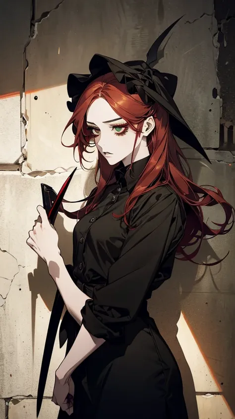  Anime slender white girl with long red hair green eyes ((black eye makeup with eyeliner and eye pencil))Threatening look she is standing leaning against a wall holding a knife near her face black lipstick on her lips with a threatening look she wears a gr...