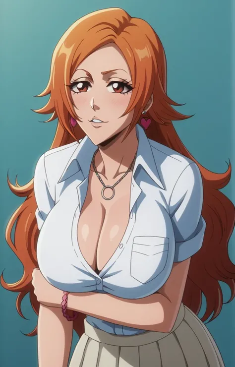 Inoue Orihime,Big breast,white HighSchool uniform with unbuttoned Cleavage,short Grey skirt,lariat necklace,Long pink nail,Hoopa bracelet,Earpiercing,Bleach Anime artstyle,Half eyes open,Stylish Wavy hair,Spouty mouth,Thick lips,view from head to waist,Cur...