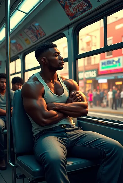 A muscular, dark-skinned man inside the bus thinking about his friend Esteban to play STREET FIGHTER (put two images in one) 