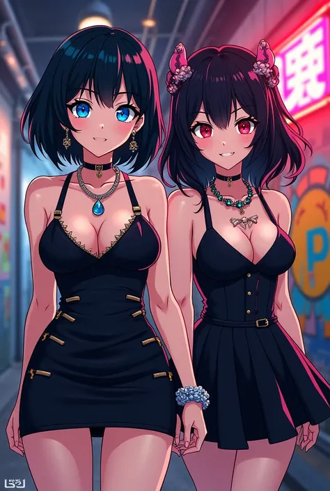 ((Accessories)) ((detailded)) ((well done art)) ((cabelo da Betty Boop)) ((white skin color)) ((two women))woman with short black hair and bright blue eyes, an intimidating gaze, a short black dress, a large bust, dressed in the gyaru Style, / The second w...