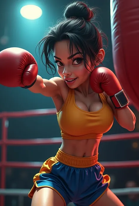 hyper realistic 4d caricature big head, best quality, highly detailed, realistic, manga style, solid manga color, scary beautiful Indonesian woman boxer, fist punching punching bag strongly, big impact, dynamic pose, dynamic composition, natural beauty, bo...