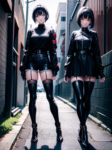 Anime girl, blue eyes, (short black hair), one-sided fringe, assassin, longsleeved long jacket, black shirt with red star underneath. Dark jeans, heeled ankle boots. Black gloves. Garter on left thigh. Standing in alleyway, side-facing. Sunset, long shadow...