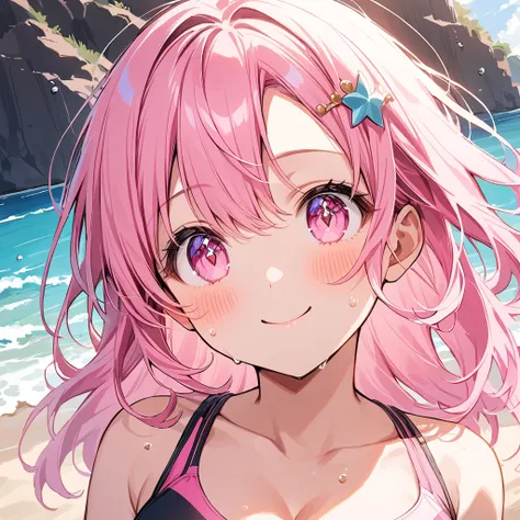 Sparkling Eyes(flying debris), (Highest quality), Very detailed, ((1 person)), Focus Only，dynamic，((smile))，Perfect Face, Beautiful Face, Very detailedな顔，(Pink long hair_Pink Eyes:1.3)，Swimwear，Idle only，Gorgeous hair ornament,smile，Large Breasts，Sandy Bea...