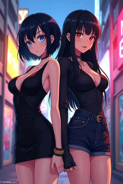 ((Accessories)) ((detailded)) ((well done art)) ((tomboy hairstyle )) ((white skin color)) ((two women))woman with short black hair and bright blue eyes, an intimidating gaze, a short black dress, a large bust, dressed in the gyaru Style, / The second woma...