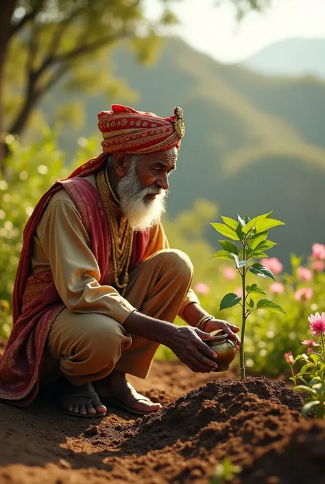 Indian old man planting a tree. At the same time, an Indian prince comes from above.
Then the old man starts watering that plant. Then the same old man started to explain something to the same Indian Prince.