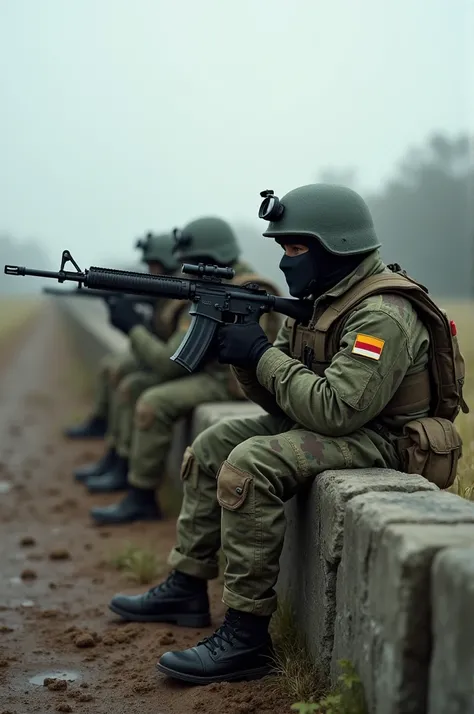 Armies of soldiers equipped with machine gun on top of the fence