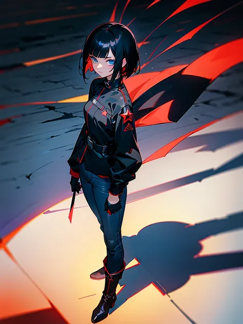 Anime girl, blue eyes, (short black hair), one-sided fringe, assassin, longsleeved long jacket, black shirt with red star underneath. Dark jeans, heeled ankle boots. Black gloves. Garter on left thigh. Standing in alleyway, side-facing. Sunset, long shadow...