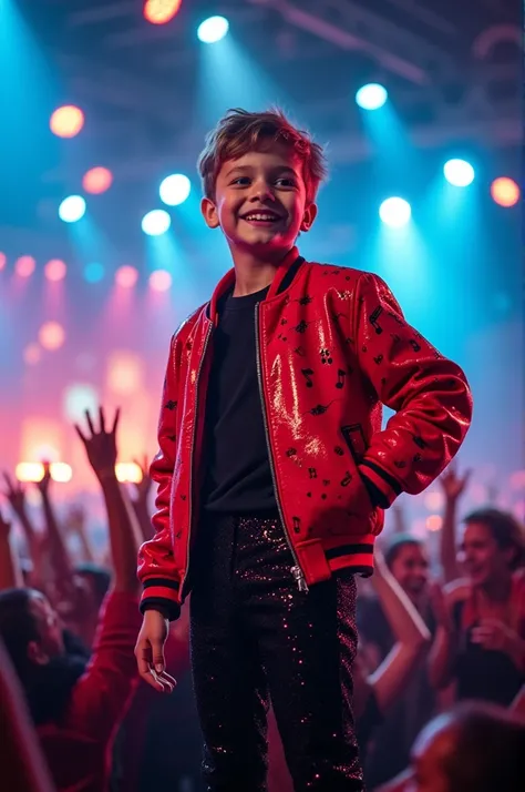 Make a photo of a boy kid in singers outfit smiling