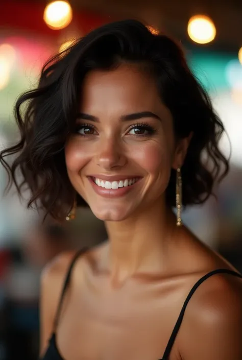 ((best quality)), ((masterpiece)), (detailed), perfect face, 47 year old Turkish woman, mole near left eye, NSFW, pixie style short bob cut dark hair, shingled hair, curly hair, wide hips, full hips and thighs, smiling,