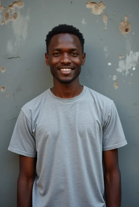 A before and after picture of a 25 years old ethiopian man standing in-front of grey wall that have small stains, having no beard in his face, who increased his height by 20 centimeters, wearing a t-shirt, make it realistic