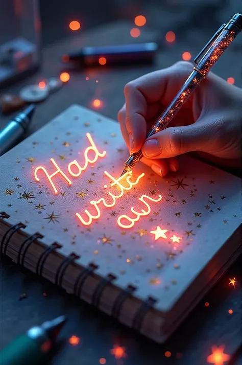 A bewitching, L&#39;16K hyper-realistic 3D illustration captures a magical moment of pure creativity. Un artiste talentueux esquisse magistralement un message sincère, "God write Lili & Dadou ❤️. ", in a notebook. The text is composed of vibrant, étoiles d...