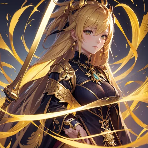 A woman in golden attire, holding a sword and a green ring., Portrait of a girl in the Knights of the Zodiac, ayaka Genshin Impact impact, keqing from Genshin Impact impact, Astori Lawn, ayaka game Genshin Impact impact, zhongli from Genshin Impact impact,...