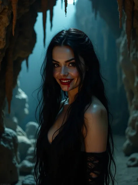 Beautiful and gorgeous vampire woman with fangs and mouth full of blood, cave atmosphere, detailed image