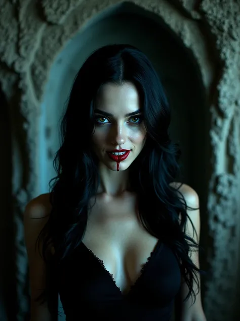 Beautiful and gorgeous vampire woman with fangs and mouth full of blood, cave atmosphere, detailed image