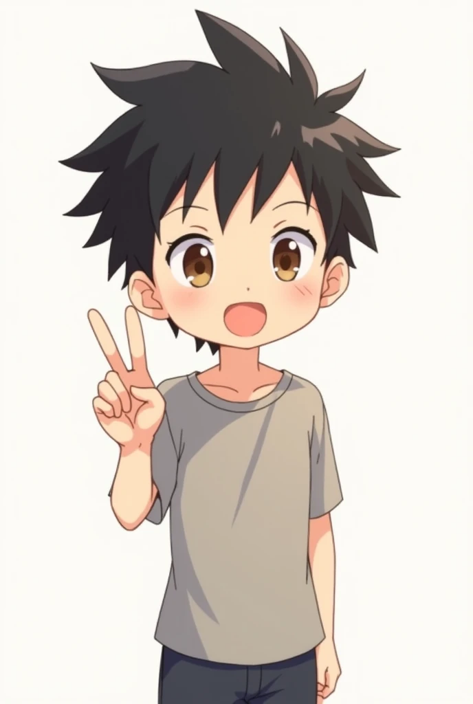 Simple anima boy character standing ( black hair ) (brown eyes) (hand in explaining gesture) no background 