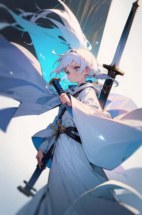 A small girl with white hair, wearing white armor and a cloak, wielding twin swords.