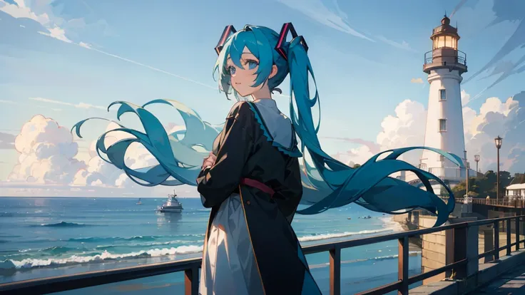 masterpiece, Highest quality,One person, hatsune miku,Lighthouse in the background