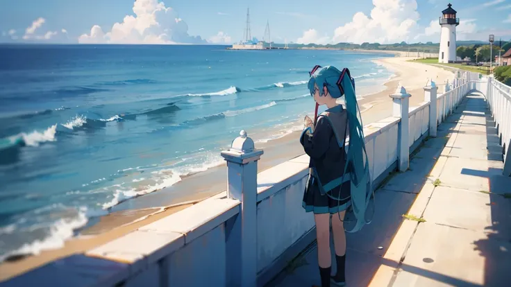 masterpiece, Highest quality,One person, hatsune miku,Lighthouse in the background