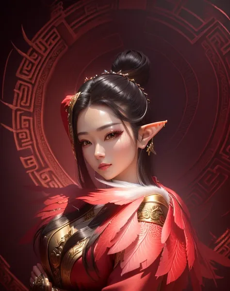 I have a 3D image of a woman with wings wearing a red dress.。, Ultra-detailed fantasy characters, elven character with smirk, Female Elf, Close-up Character, Inspired by Run In, Inspired by Li Mei-shu, Character close-up, Highly detailed characters, Has a ...