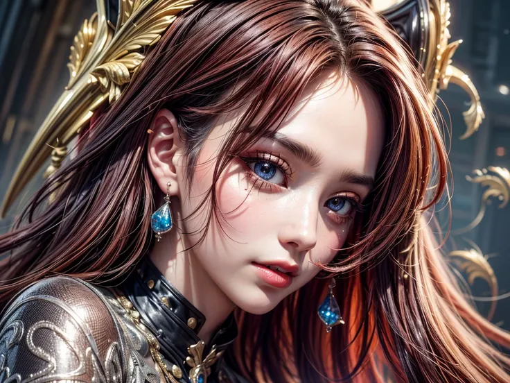 a portrait of vampire with a bloody tear coming down from he eye, an exotic beautiful female vampire, red hair color, dynamic hair style, ultra detailed face, best detailed face, silver eye color, ((1single red teardrop: 1.3)), ((tear drop made from blood)...