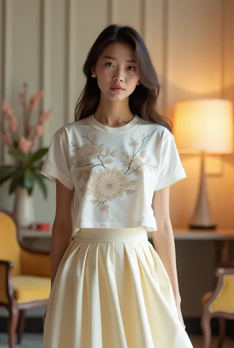 8k image of model wearing white T-shirt printed with Vietnamese Dong Ho painting. Cream colored stand-up skirt. Luxurious elegant style. Background with rice white walls, chairs, lamps