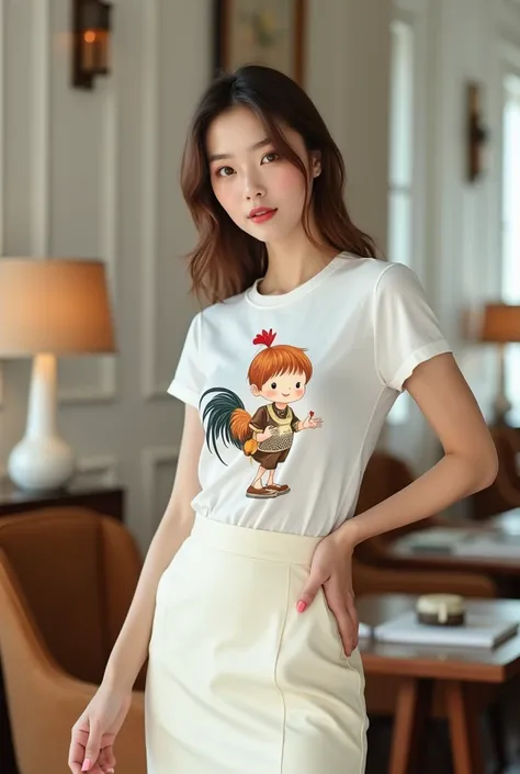 8k image of a female model wearing a white T-shirt with a Dong Ho painting - a peach-haired boy wearing a bib holding a Vietnamese rooster. Cream colored stand-up skirt. Luxurious elegant style. Background with rice white walls, chairs, lamps