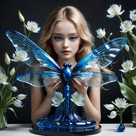 high resolution, high qualiy, work of art. Hyper-Realism. The winner is 35 awards. Glass sculpture evoking the style of Dale Chihuly, captured in the essence of a Patrick Demarchelier photograph, featuring an android girl with disproportionately large size...