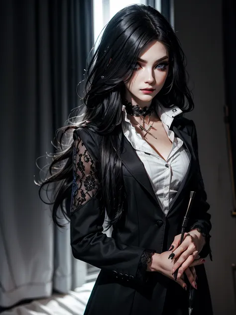 emo_hairstyle, ((tight black suit)), (black lace blazer), black tie, ((long hair)), ((straight hair)), (((black hair))), side sw...