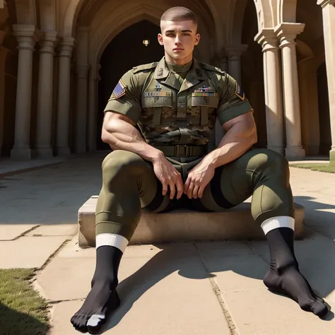 full view full body, army courtyard, sunny day, one Military young white soldier with aubern short hair, military haircut, seated on the ground in his black socks, shirtless , wearing black socks and army camo, his black socks must be seen