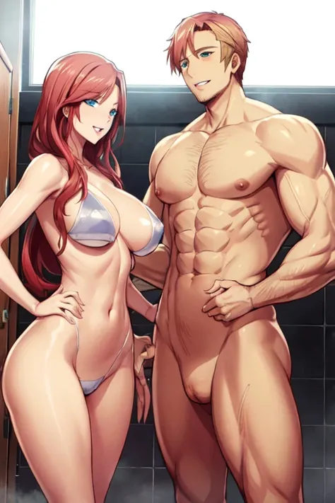 blond haired man, tan skinned man, (slim woman:1.7), naked, standing, Red hair, 2 people, smiling