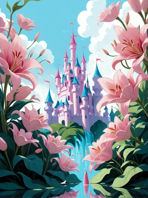 ([negative space:0.8:1.5]), (dream castle),(minimalist composition),(blue and pink dream castle),(dream castle with trees and wa...